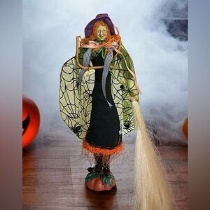 Halloween Witch Figure decor stands on pumpkin cobweb cape broom Colourful 18”